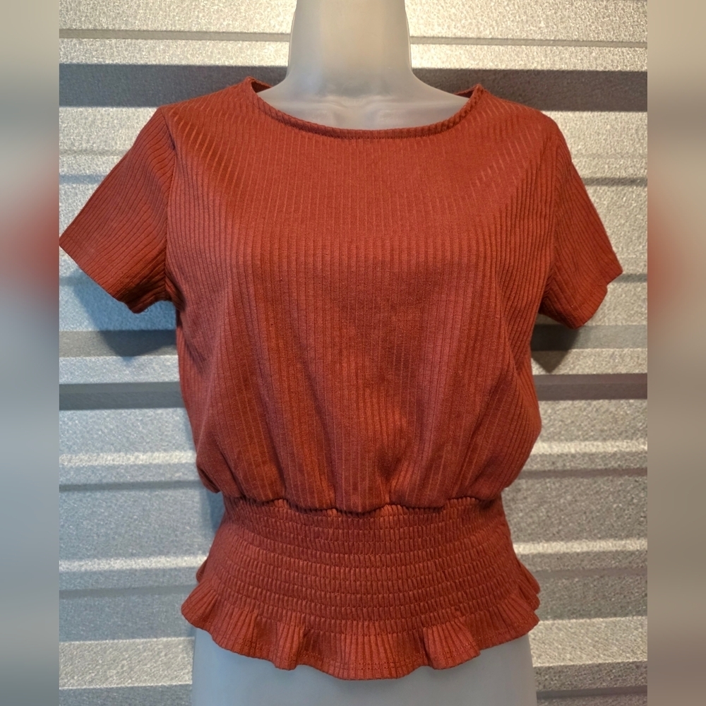 Paper Crane Terracotta Ribbed Short Sleeve Top